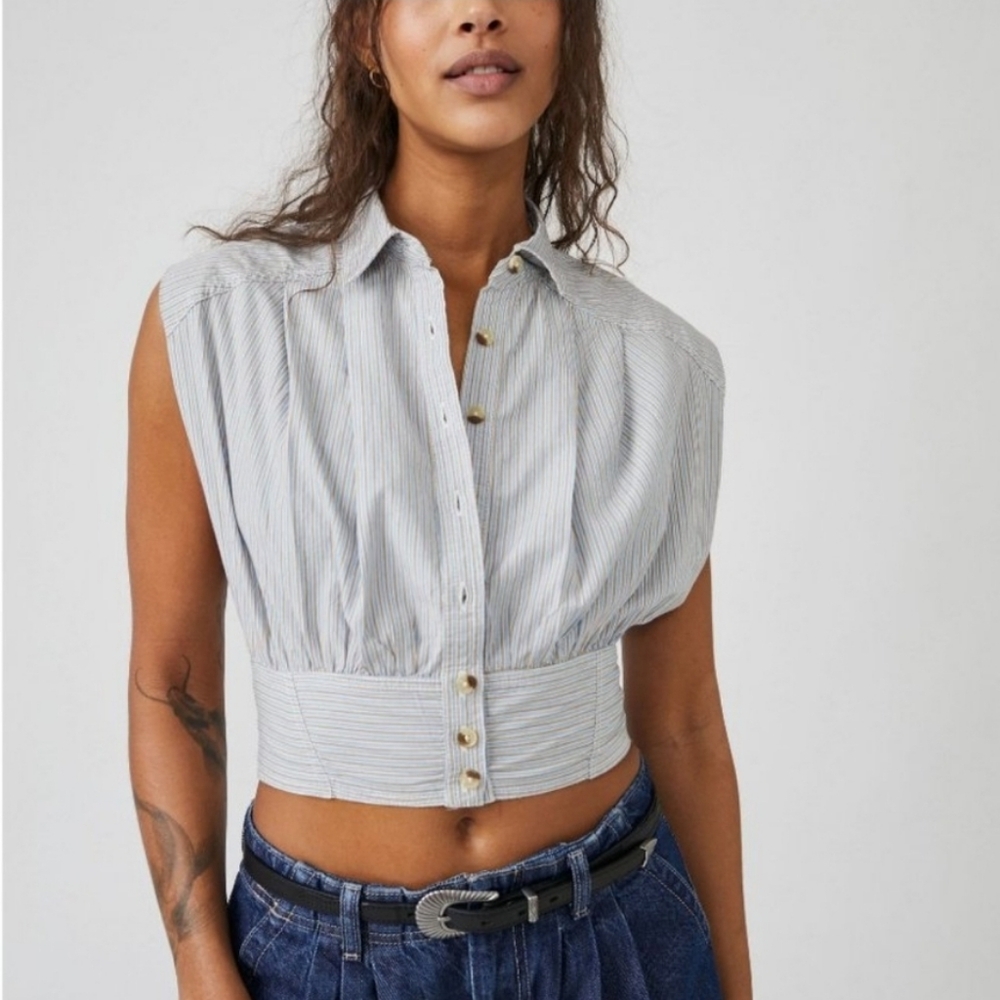 Free People Striped Gray Sleeveless Blouse